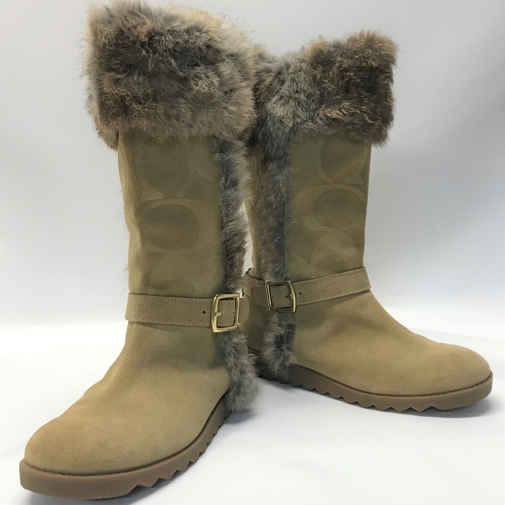 Coach Deann Signature Fur Trimmed Tan Suede Boots